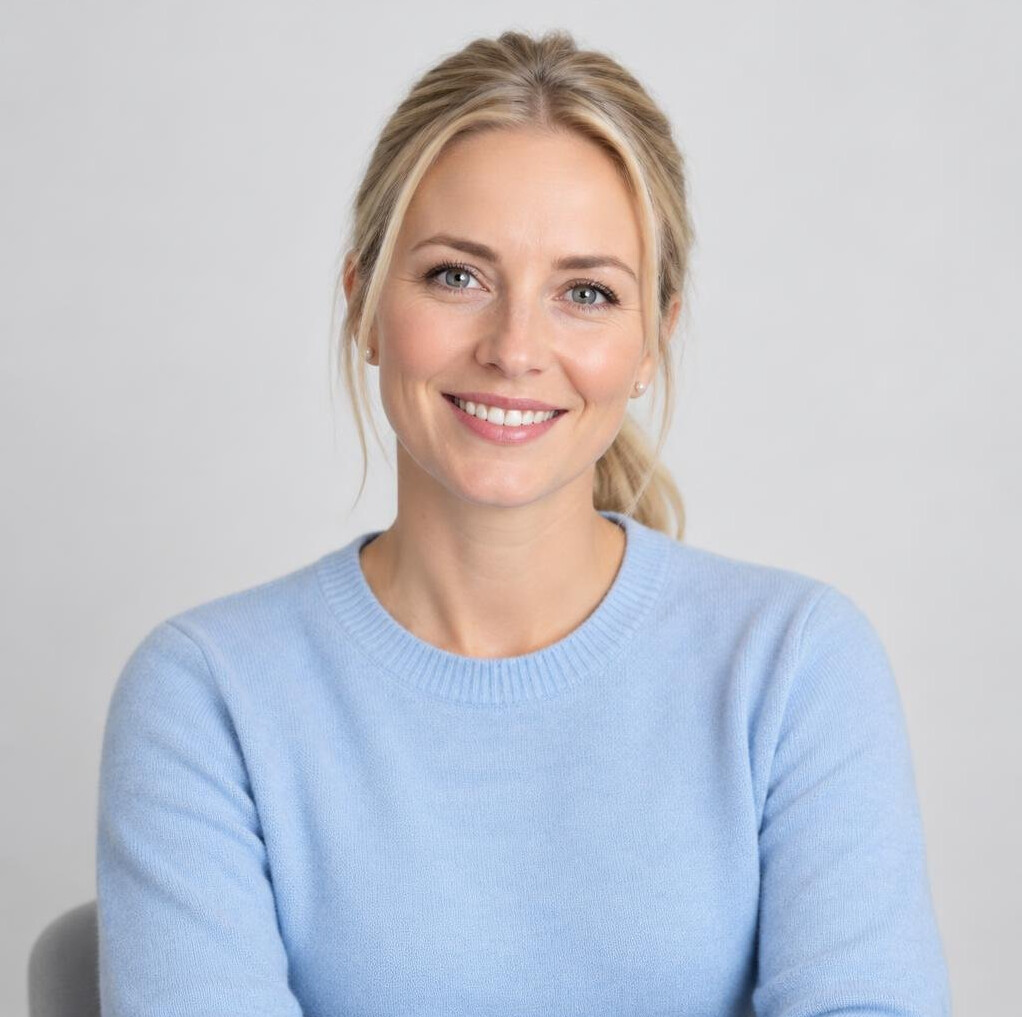 Portrait of a young woman with blonde hair tied back wearing a light sweater