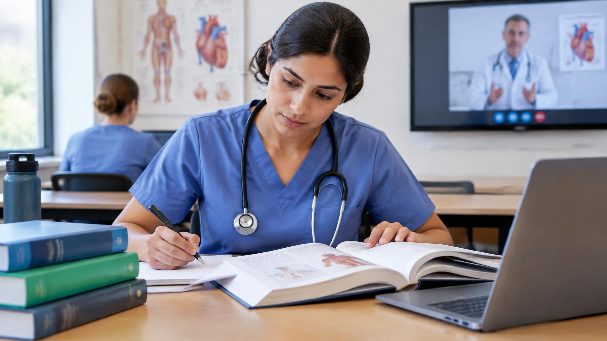 nurse studying medical books