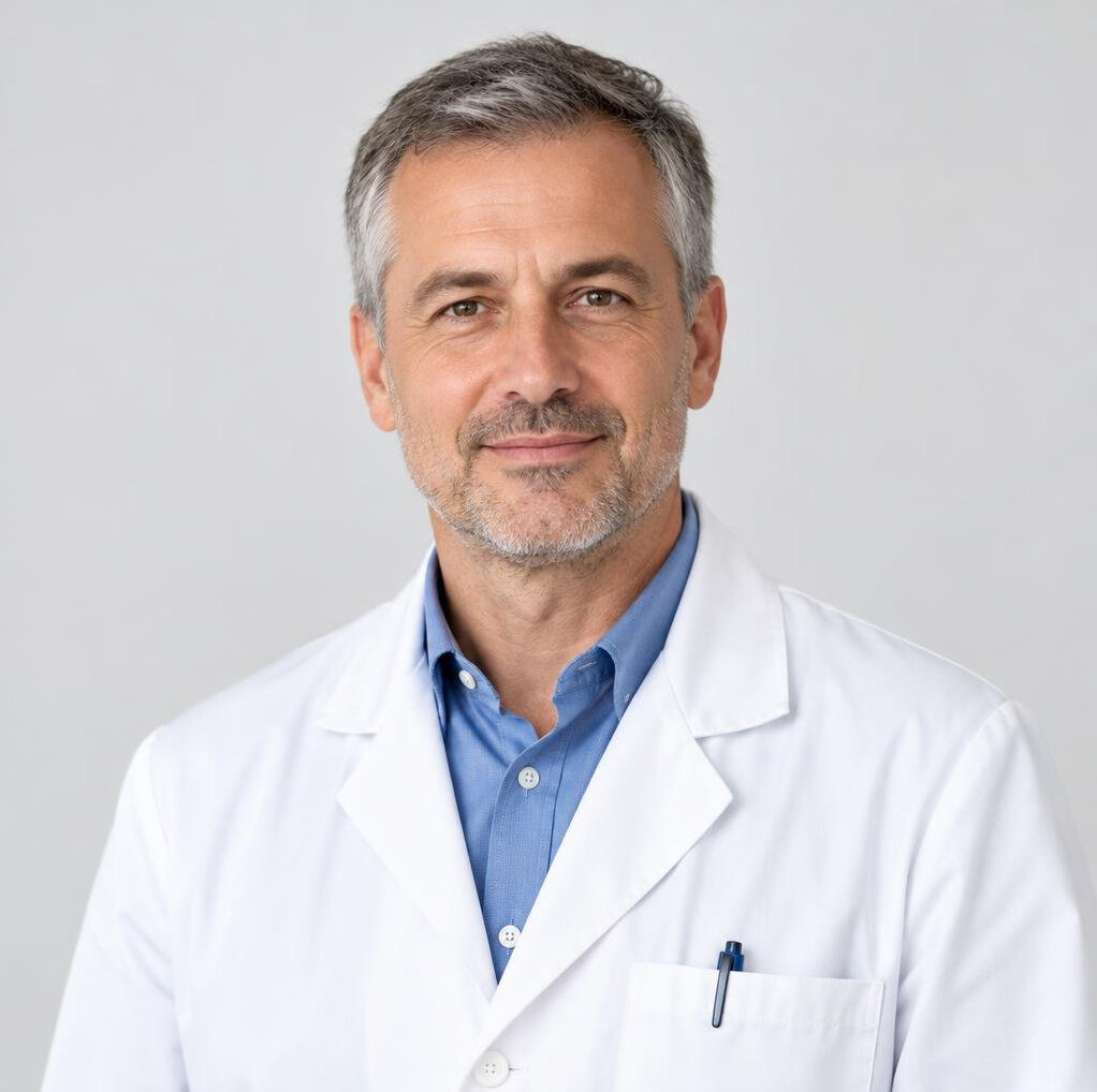 Portrait of a middle-aged man with short grey hair in a white medical coat
